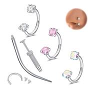 WillTen Piercing da naso, 16 g, 18 g, in argento a forma di ferro di cavallo, doppia pietra preziosa, a ferro di cavallo, anello per il naso, in acciaio inox, cartilagine, trago e trago, 8mm, Acciaio