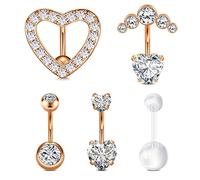 WillTen Reverse Heart Belly Button Bar Women 14G 10MM Stainless Steel Rose Gold Belly Bars Double Heart Clear Diamond CZ Navel Bananabells Bar