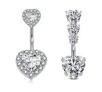 WillTen Silver Belly Button Bar Women 14G 10MM Stainless Steel Long Belly Bars Shiny Heart Diamond CZ Navel Piercing Curved Bananabells Bar