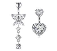 WillTen Silver Belly Button Bar Women 14G 10MM Stainless Steel Short Belly Bars Shiny Double Heart Butterfly Diamond CZ Navel Bananabells Bar