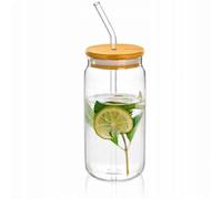 Wilmax - Bicchiere in vetro - Bottiglia per limonata con coperchio in bambù e cannuccia, 500 ml - Contenitore in vetro di alta qualità - Design moderno