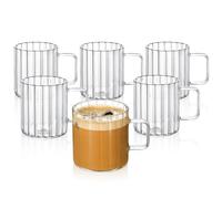 Wilmax - Bicchieri termici con manico - Set da 6-250 ml - Bicchieri in vetro scanalato per acqua, tè, caffè - Bicchieri per bevande calde e fredde - Lavabili in lavastoviglie