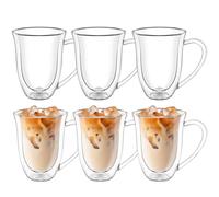 Wilmax - Bicchieri termici con manico - Set da 6-400 ml - Bicchieri a doppia parete per acqua, tè, caffè - Bicchieri per tè e caffè - Bicchieri per bevande calde e fredde - Lavabili in lavastoviglie