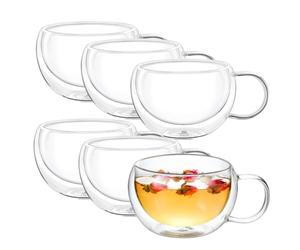 Wilmax - Bicchieri termici con manico - Set da 6-400 ml - Bicchieri da caffè a doppia parete - Set di bicchieri da latte macchiato, da cappuccino con manico - da tè, da bere - Tazza termica
