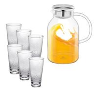 Wilmax Brocca in vetro 2,1 l con 6 bicchieri da 320 ml in un set - Set per bevande - Brocca per succhi, acqua, tè freddo, latte - Lavabile in lavastoviglie - Brocca in vetro