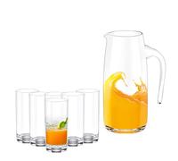 Wilmax - Brocca in vetro da 1 l, con 6 bicchieri da 390 ml, set di bevande, brocca per succo, acqua, tè freddo, latte, caraffa in vetro, caraffa per acqua, lavabile in lavastoviglie, caraffa in vetro,