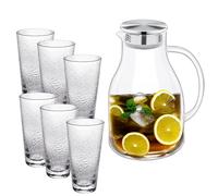 Wilmax Brocca in vetro da 2,5 l con 6 bicchieri da 450 ml in un set - Set per bevande - Brocca per succhi, acqua, tè freddo, latte - Lavabile in lavastoviglie - Brocca in vetro