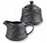 Wilmax - Set zuccheriera + lattiera - 2 pezzi - Contenitori per latte e zucchero in porcellana - Nero - Distributore di zucchero con coperchio - Servizio da caffè per latte, caffè, tè