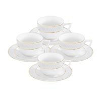 Wilmax - Tazze con piattini - Motivo dorato - Set da 4-170 ml - Tazze da caffè in porcellana - Bianco - Servizio da tavola per 4 persone - Set di tazze per caffè, tè, dessert