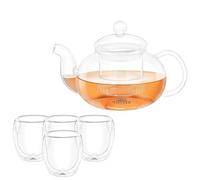 Wilmax Teiera 1,2 L con 4 bicchieri termici da 250 ml in set - Teiera con filtro per tè sfuso - per fiori di tè - con coperchio e filtro in vetro - Lavabile in lavastoviglie - Antigoccia