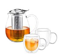 Wilmax Teiera 1,3 L con filtro + 2 bicchieri thermos 400 ml - Teiera per tè sfuso - Completamente trasparente - Filtro rimovibile - Funzione teiera - Lavabile in lavastoviglie - Idea regalo