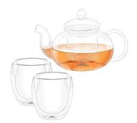 Wilmax Teiera 700 ml con 2 bicchieri thermos da 250 ml in set - Infusore con filtro per tè sfuso - per fiori di tè - coperchio e filtro in vetro - Lavabile in lavastoviglie - Antigoccia