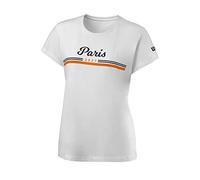 Wilson Paris 2021 Tech T-Shirt, Maglietta da Donna, Poliestere/Cotone, Bianco/Blu (Maritime)/Arancione, Taglia M, WRA800401MD
