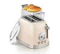 Wiltal Tostapane a 2 fette, stile retrò, con inserto per panino, con coperchio in acciaio inox, funzione preriscaldamento, scongelamento e demolizione, indicatore di conto alla rovescia, tostapane