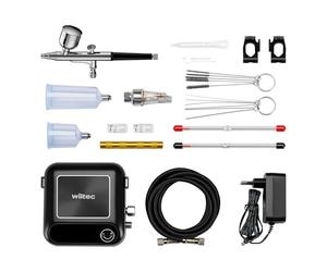 Wiltec HS-A9K Set con compressore, pistola aerografo, ugelli e accessori, motore 12 V, pressione autostop 1,5 bar, per modellismo, tatuaggi, nail art, airbrush