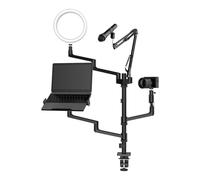 Wiltec Supporto da tavolo 4in1 con 1 asta per microfono + 3 bracci articolati per accessori, con morsetto e ring light a 3 modalità, staffa per fotocamera per dirette e live