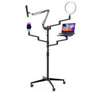 Wiltec Supporto da terra 4in1 con 1 asta per microfono + 3 bracci articolati per accessori, con morsetto e ring light a 3 modalità, treppiede con rotelle per fotocamera per dirette e live