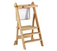 Wiltec Torre di apprendimento pieghevole per bambini 43 x 48 x 91 cm in bambù, torre montessoriana regolabile in altezza per bambini, sgabello per bambini con barra di protezione