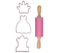 Wilton Baking Kit Princess 4 Pezzi: Set da Forno per Bambini con Mattarello, Formine Biscotti Corona, Vestito e Castello, Tagliabiscotti, Riutilizzabile - Set/4