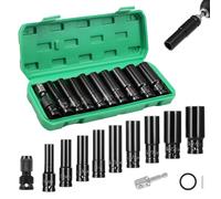 WiMas Set di 11 chiavi a bussola a impatto profondo da 1/2 pollici, set di dadi esagonali da 10-24 mm, con adattatore per presa e asta di prolunga per riparazioni auto cambio pneumatici