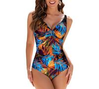 WIN.MAX Costumi da Bagno Interi per Donna Scollo a V Costume Intero Donna con Controllo della Pancia Monokini con arricciature, per Coppe da D a G (Foglie di Palma Blu, EU40)