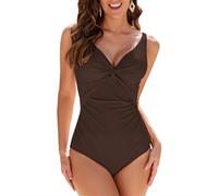 WIN.MAX Costumi da Bagno Interi per Donna Scollo a V Costume Intero Donna con Controllo della Pancia Monokini con arricciature, per Coppe da D a G (Marrone Espresso, EU38)