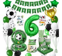WINAROI Decorazioni Compleanno Ragazzo 6 Anni - Set Tema Calcio Verde Con Kit Palloncini, Addobbi, Piatti e Striscioni per Feste