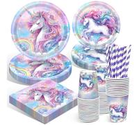 WINAROI Piatti e Bicchieri per Feste di Compleanno Unicorno Set,Decorazioni Compleanni Unicorno,Unicorn per Feste di Compleanno per Bambin (16 Ospit)