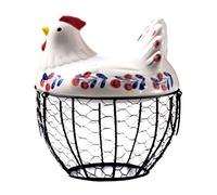 Wination, cestino per uova in metallo nero con manico per uova, con coperchio in ceramica creativo, cesto per frutta e verdura da cucina