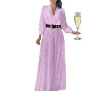 WINDEHAO Ensemble élégant Chemise Manches Longues col V et Pantalon Large Paillettes, Combinaison Jambes larges à Paillettes pour Femmes, combinaisons Paillettes pour soirée (S,Pink)