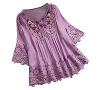 WINDEHAO Plus Size S-5XL donna cotone lino camicetta,Elegante ricamo fiori pizzo camicie,Hollow Lace Up Top Chemise