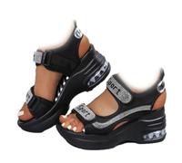 WINDEHAO Sandali da donna con zeppa e zeppa con tacco grosso, sandali estivi con strass a doppio cinturino regolabile per lo sport gladiatore da passeggio, Nero 1, 38 EU