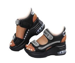 WINDEHAO Sandali da donna con zeppa e zeppa con tacco grosso, sandali estivi con strass a doppio cinturino regolabile per lo sport gladiatore da passeggio, Nero 1, 38 EU