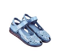 WINDEHAO Sandali da donna in vera pelle, comodi, realizzati a mano, con suola antiscivolo, comodi e traspiranti, per anziani di mezza età, Blu, 44 EU