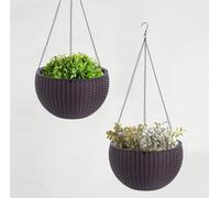 Windor Home Co - Set di 2 vasi sospesi in rattan marrone, in resina resistente, effetto rattan, diametro 26 cm, confezione da 2