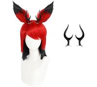 Windskids Alastor Cosplay Parrucca Adulto Fancy Dress Up Radio Devil Alastor Rosso e Nero Rimovibile Orecchie Corto Wig con Corna per Halloween Carnevale Festa Mascherata Costume Accessori Parrucca