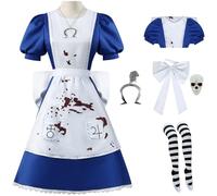 Windskids Alice Costume Donna Cosplay Game Pazzo Alice Maid Uniforme Abito con Collana Calze e Arco del Teschio Set per Halloween Carnevale Festa Compleanno Mascherata Anime Performance Costume
