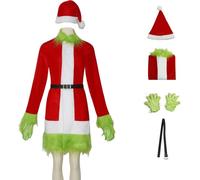Windskids Babbo Natale Grinch Costume con Cappelli di Natale Donna Cosplay Christmas Verde Mostro Grinch Santa Claus Outfit con Accessori per Halloween Carnevale Festa Vigilia di Natale Costume