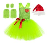 Windskids Bambina Grinch Costume Cosplay Christmas Grinch Tulle Ballerina Tutu Vestito da Principessa con Cappello da Babbo Natale Guanti Leggings Set per Natale Carnevale Festa Costume, 2-8 Anni