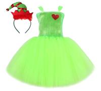 Windskids Bambina Grinch Costume Cosplay Christmas Grinch Verde Tulle Ballerina Tutu Vestito da Principessa con Accessori per Halloween Natale Carnevale Festa Performance Costume, 2-12 Anni