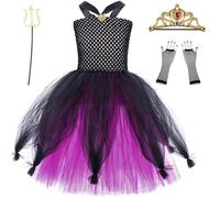 Windskids Bambina Ursula Costume Cosplay La Sirenetta Polpo Strega di Mare Ursula Ballerina Tulle Tutu Vestito con Corona Bacchetta Guanti per Halloween Carnevale Festa Performance Costume, 3-12 Anni