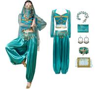 Windskids Donna Aladdin Jasmine Costume Araba Principessa Danza del Ventre Maniche Lunghe Top Pantaloni con Accessori Esotica Tulle Set per Halloween Carnevale Festa Mascherata Performance Costume