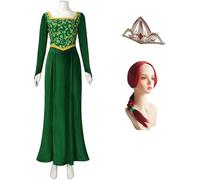 Windskids Donna Principessa Fiona Costume Verde Vintage Lungo Manica Lunga Stampa Vestito da Sera con Corona Parrucca per Fancy Dress Up Halloween Carnevale Festa Mascherata Vestito da Ballo