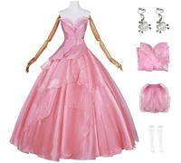 Windskids Glinda Costume Donna Cosplay Movie Wicked Glinda Lungo Vestito da Sera Top Gonna Orecchini per Fancy Dress Up Halloween Natale Carnevale Festa Compleanno Matrimonio Mascherata Costume, Rosa