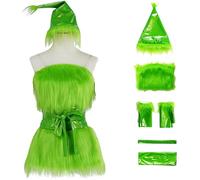 Windskids Grinch Costume Donna Cosplay Verde Mostro Grinch Sexy Peloso Vestito e Cappelli Guanti Cintura Set 6 Pezzi per Halloween Natale Carnevale Festa Mascherata Performance Costume