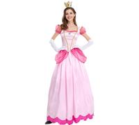 Windskids Peach Costume con Corona Guanti Donna Cosplay Principessa Peach Principessa Aurora Maxi Abito da Sera per Natale Carnevale Halloween Festa Matrimonio Compleanno Mascherata Spettacoli Costume