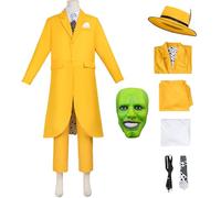 Windskids Stanley Costume con Maschera Cappello Uomo Jim Carrey Stanley Giallo Vintage Smoking Giacca Top Pantaloni Cinturino Cravatta per Fancy Dress Up Halloween Carnevale Festa Mascherata Costume