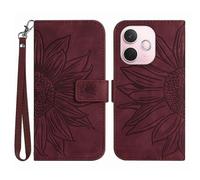 (Wine Red, Multicolor) Leather Wallet Phone Cover with Sunflower Imprint for a Certain Brand's A5 Pro 5G - Red with Wrist Strap