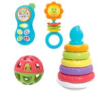 Winfun 46885 - Set 4 attività neonato/Include sonaglio con massaggiagengive e telefono con luce e melodie, palla con sonaglio e tentetiese/regalo per bambini