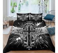 Winged crossSet Di Copripiumino microfibra 3 Pezzi stampa di 3D cerniera nascosta Gothic religious art copripiumino con federe soffice ultra morbido for coppie Single（140x200cm）
